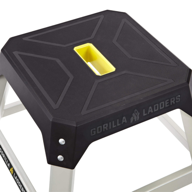 Gorilla Ladders step stool with black top and yellow handle, sturdy design.