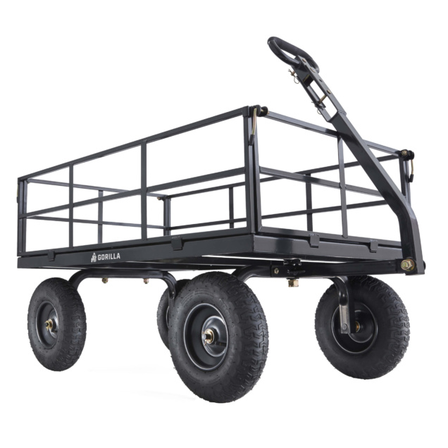 Heavy-duty black Gorilla utility cart with four large wheels and a handle.
