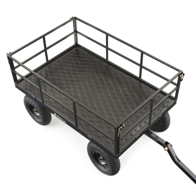 Black heavy-duty cart with a diamond pattern bed and four pneumatic tires. Gorilla Made logo.