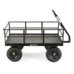 Black Gorilla utility cart with metal mesh bed and four large rubber wheels.