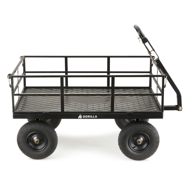 Black Gorilla utility cart with metal mesh bed and four large rubber wheels.