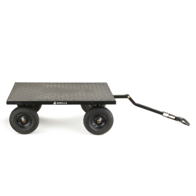 Heavy-duty black flatbed cart with "GORILLA" branding and four sturdy wheels.