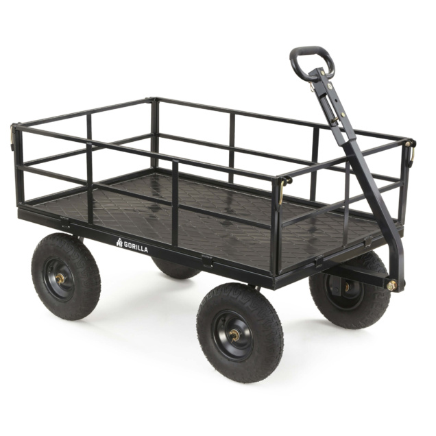 Black heavy-duty utility cart by Gorilla Made, featuring sturdy wheels and handle.