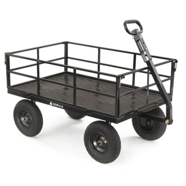 Black heavy-duty utility cart with four wheels and handle. Logo: "GORILLA."