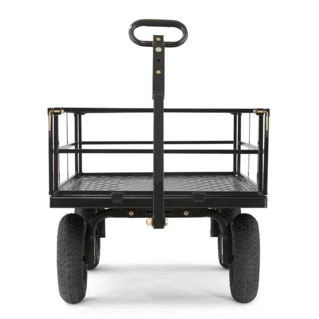 Black heavy-duty utility cart by Gorilla Made, with four large wheels.