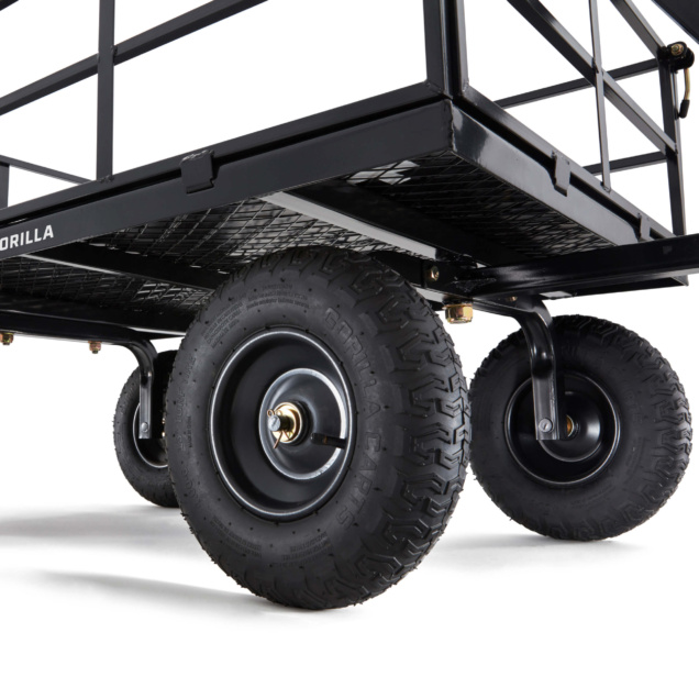 Black heavy-duty utility cart with large textured rubber wheels. Text: "GORILLA".