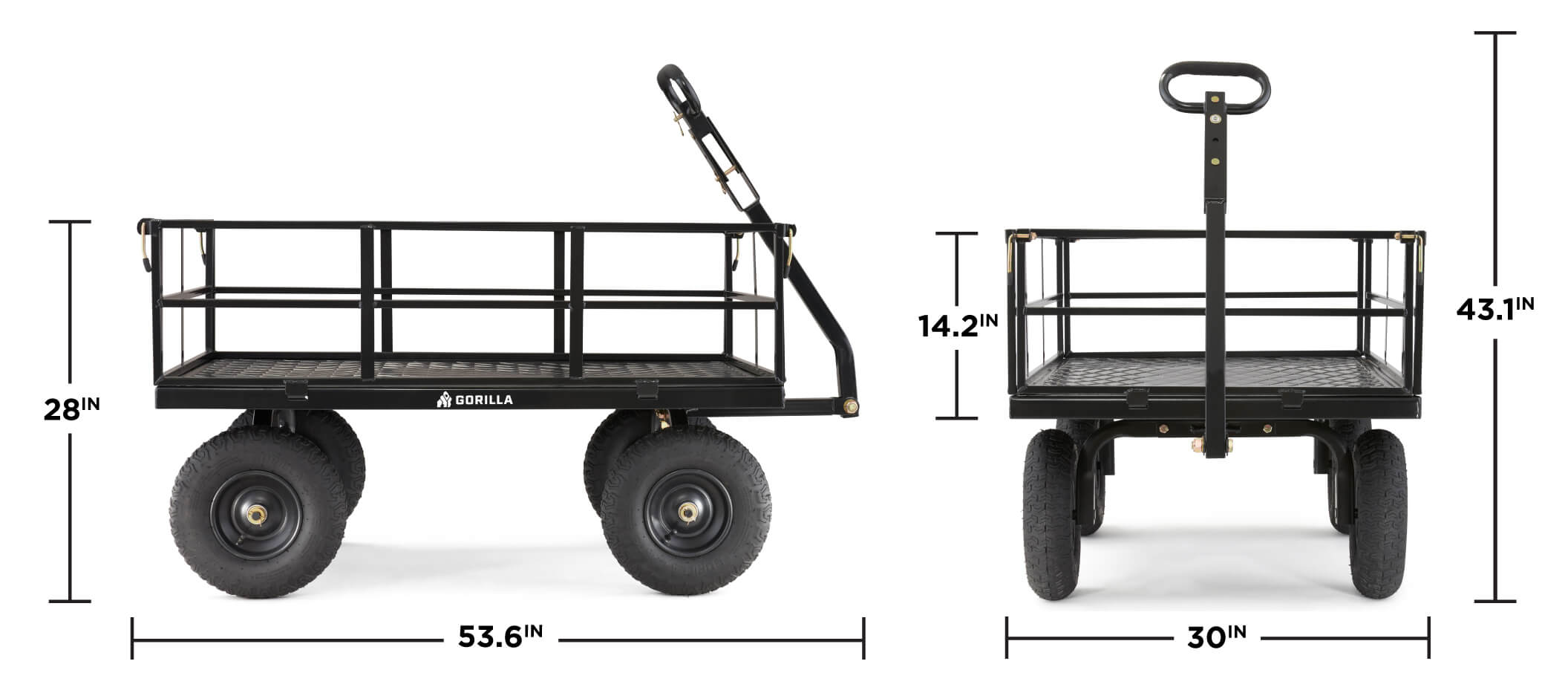 Black utility cart with dimensions labeled: 28 inches high, 53.6 inches long, 30 inches wide, 14.2 inches high handle, 43.1 inches total height. Text: "GORILLA".