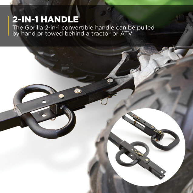 Gorilla 2-in-1 handle, black metal, text: "2-IN-1 HANDLE..." for towing or hand-pulling.