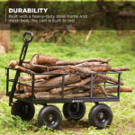 Gorilla Made cart with logs, steel frame, mesh bed; text: "DURABILITY Built with a heavy-duty steel frame..."