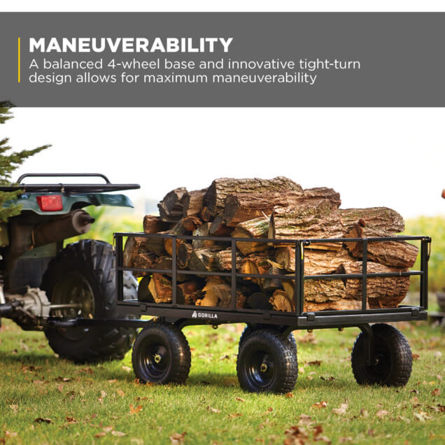 Black Gorilla cart loaded with firewood, showcasing maneuverability text.