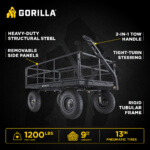 Gorilla Made utility cart infographic: Heavy-duty steel, 2-in-1 tow handle, 1200 lbs max load.