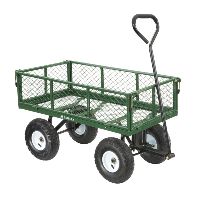 Green Gorilla utility cart with mesh sides and black handle; GORILLA logo visible.