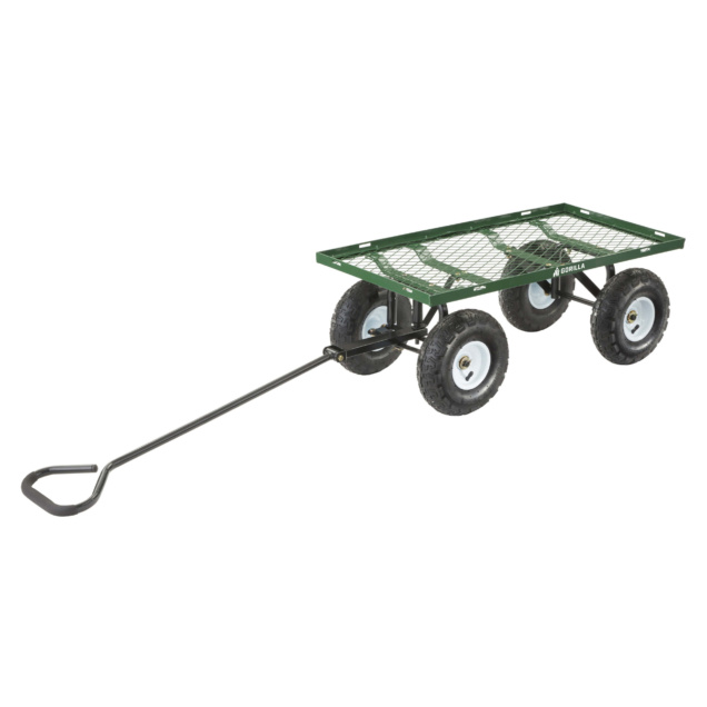 Heavy-duty Gorilla Made utility cart with green metal mesh bed and four black tires.