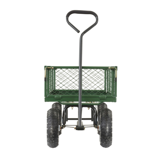Green Gorilla Made utility cart with black handle and four sturdy wheels.