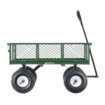 Green Gorilla Made utility cart with mesh sides, large black tires, and handle.
