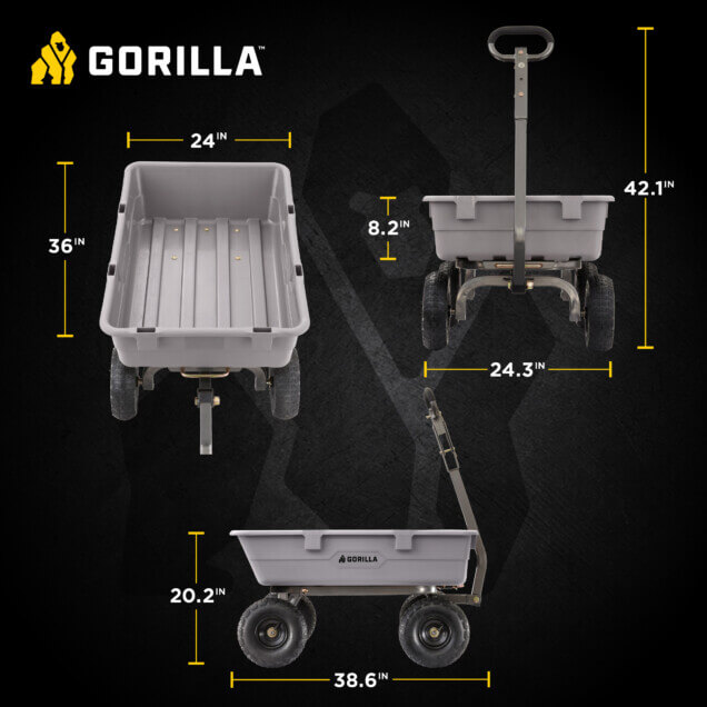 Gorilla utility cart dimensions: 36 inches long, 24 inches wide, 20.2 inches high.