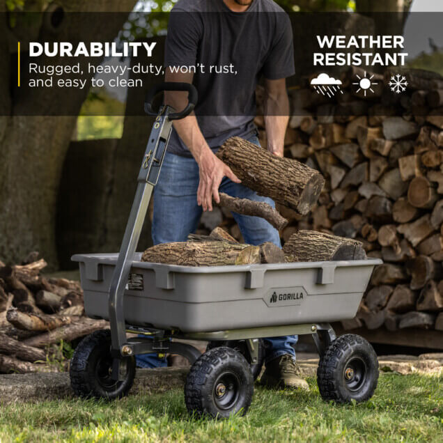 Gray Gorilla cart with logs, labeled "DURABILITY" and "WEATHER RESISTANT."