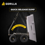 Gorilla Made Quick Release Dump cart, fully tilted, with text "FULLY DUMP CONTENTS."