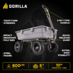Gorilla cart infographic highlights tight-turn steering, impact-resistant poly bed, steel frame, and 2-in-1 tow handle. Text: "800 lbs max load, 5 cu ft capacity, 10 in pneumatic tires."