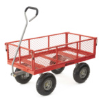 Red heavy-duty utility cart with mesh sides and black wheels. Text: “GORILLA.”