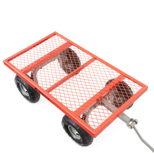 Red metal utility cart by Gorilla Made with four black wheels and mesh platform.