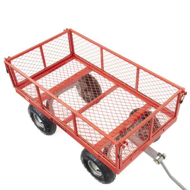 Red metal utility cart with mesh sides and sturdy black wheels, "Gorilla" label on side.