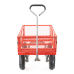 Red heavy-duty utility cart with mesh sides and black handle.