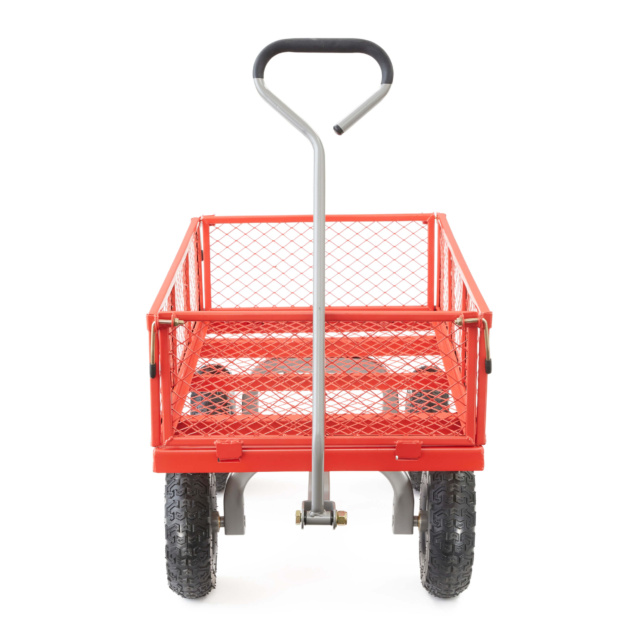 Red heavy-duty utility cart with mesh sides and black handle.