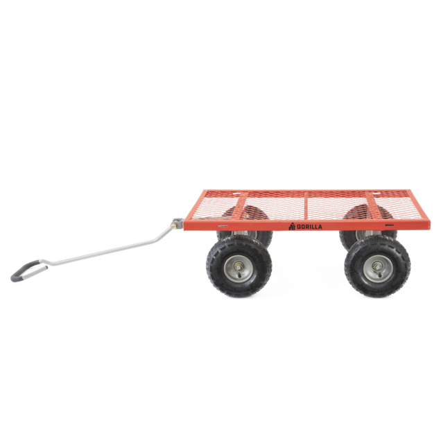 Red Gorilla utility cart with mesh platform and four heavy-duty wheels.
