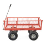 Red heavy-duty cart with mesh sides and "GORILLA" text, features large black tires.