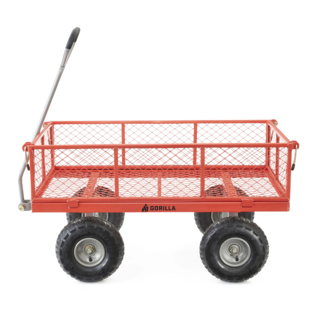 Red heavy-duty cart with mesh sides and "GORILLA" text, features large black tires.