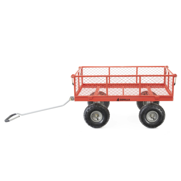 Red utility cart with mesh sides, black wheels, and "GORILLA" logo on the side.