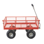 Red metal wagon with a mesh design and handle, labeled "GORILLA." Four rugged wheels.