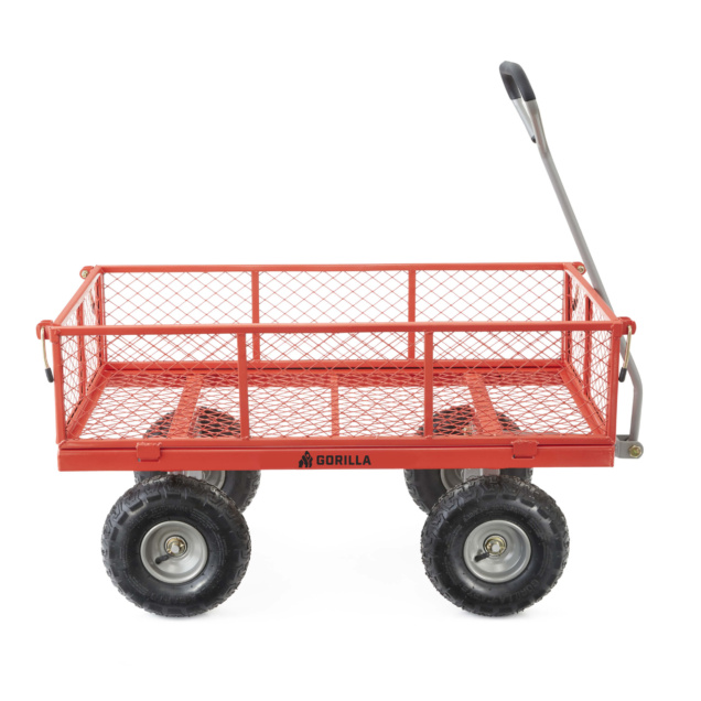 Red metal wagon with a mesh design and handle, labeled "GORILLA." Four rugged wheels.