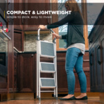 Compact & Lightweight. Simple to store, easy to move. Person using foldable ladder.