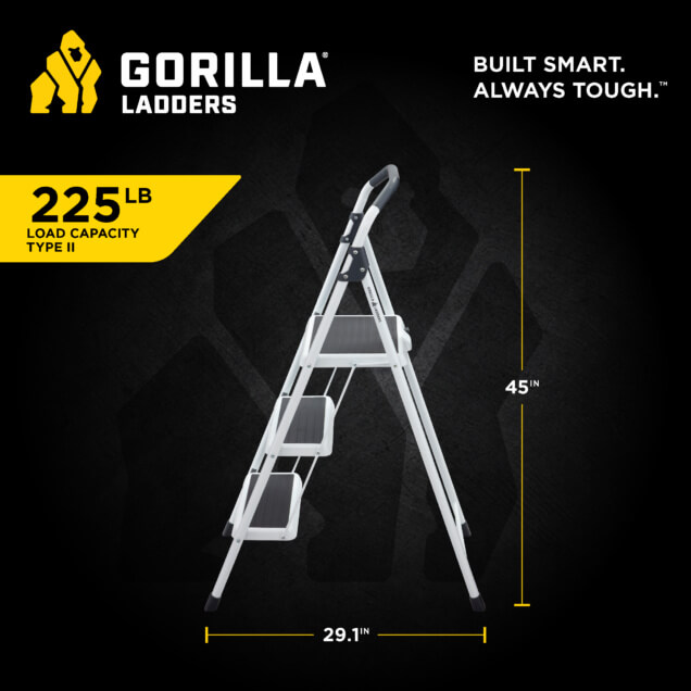 Gorilla Ladders infographic; 225 lb load, 45 inches high, 29.1 inches wide.
