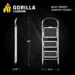 Gorilla Ladders infographic showing folded dimensions: 49 inches high, 2.5 inches wide, 17.5 inches deep.