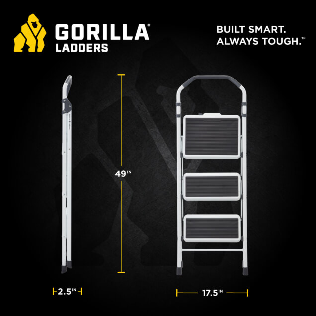 Gorilla Ladders infographic showing folded dimensions: 49 inches high, 2.5 inches wide, 17.5 inches deep.