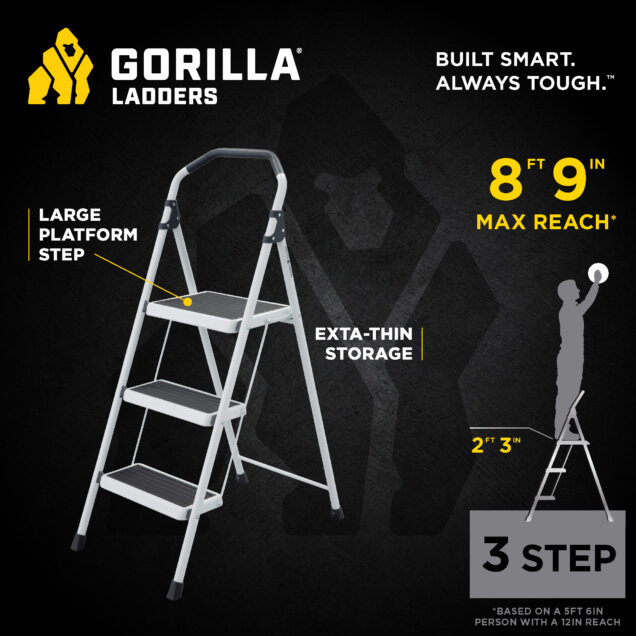 Gorilla Ladders infographic featuring a 3-step ladder with large platform step, 8 ft 9 in max reach.