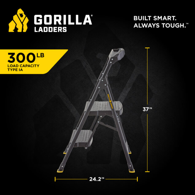 Gorilla Ladders step stool, 24.2 inches wide, 37 inches high, 300 lb load, Type IA.
