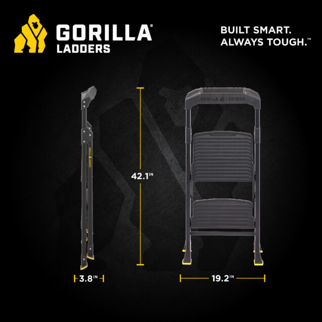 Black Gorilla Ladders step stool, 42.1 inches high, 19.2 inches wide, 3.8 inches deep. "Built Smart. Always Tough."