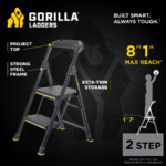 Gray Gorilla Ladders infographic highlighting strong steel frame, project top, and 8 ft 1 in max reach.