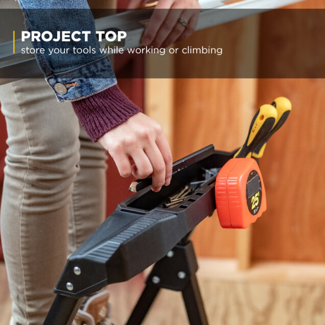 "Project Top: store your tools while working or climbing." Black tool holder with tools.