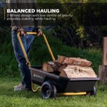 Gorilla Made cart with yellow handle hauling firewood. Text: "BALANCED HAULING..."