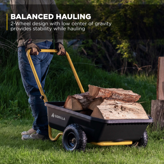Gorilla Made cart with yellow handle hauling firewood. Text: "BALANCED HAULING..."