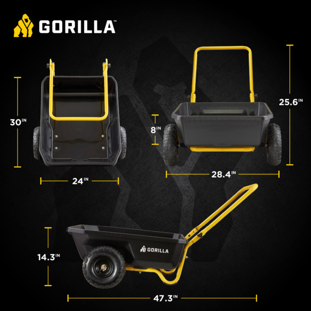 Gorilla cart dimensions infographic: 30" high, 24" wide, 28.4" long, 25.6" high.