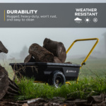 Gorilla Made cart loaded with logs in a grassy field. Text: "DURABILITY," "Rugged, heavy-duty, won’t rust, and easy to clean," "WEATHER RESISTANT."