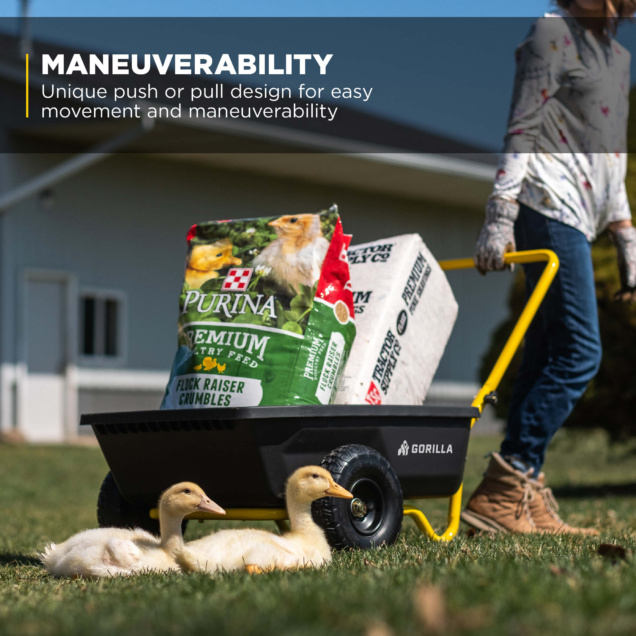 Yellow-handled Gorilla cart with feed bags, showcasing maneuverability text.