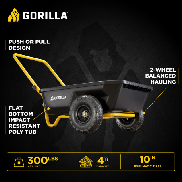Black Gorilla utility cart with yellow handle, text: Push or Pull Design, 2-Wheel Balanced Hauling, Flat Bottom Impact Resistant Poly Tub, 300 lbs Max Load, 4 cu ft Capacity, 10 in Pneumatic Tires.