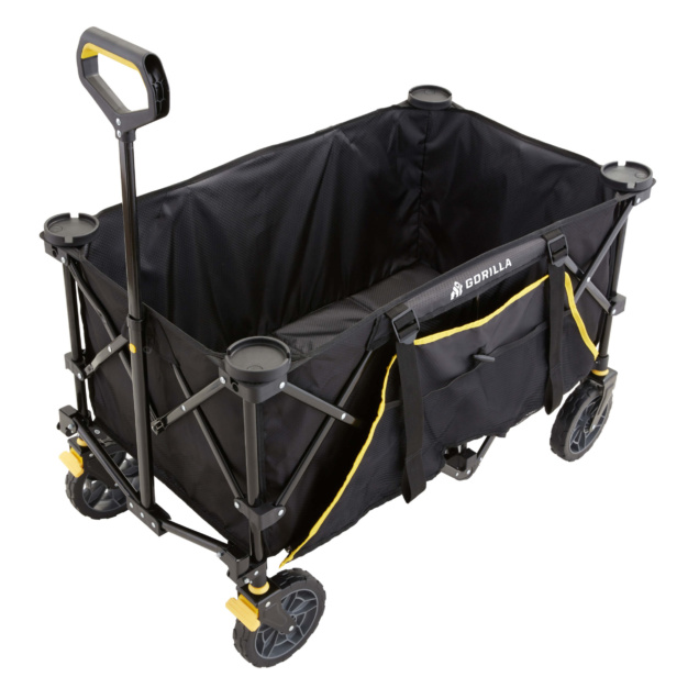 Black Gorilla Made utility cart with yellow accents and sturdy wheels.